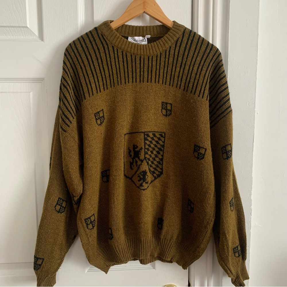 Massimo Italy Knit Wool Olive Green Griffin Crest Sweater